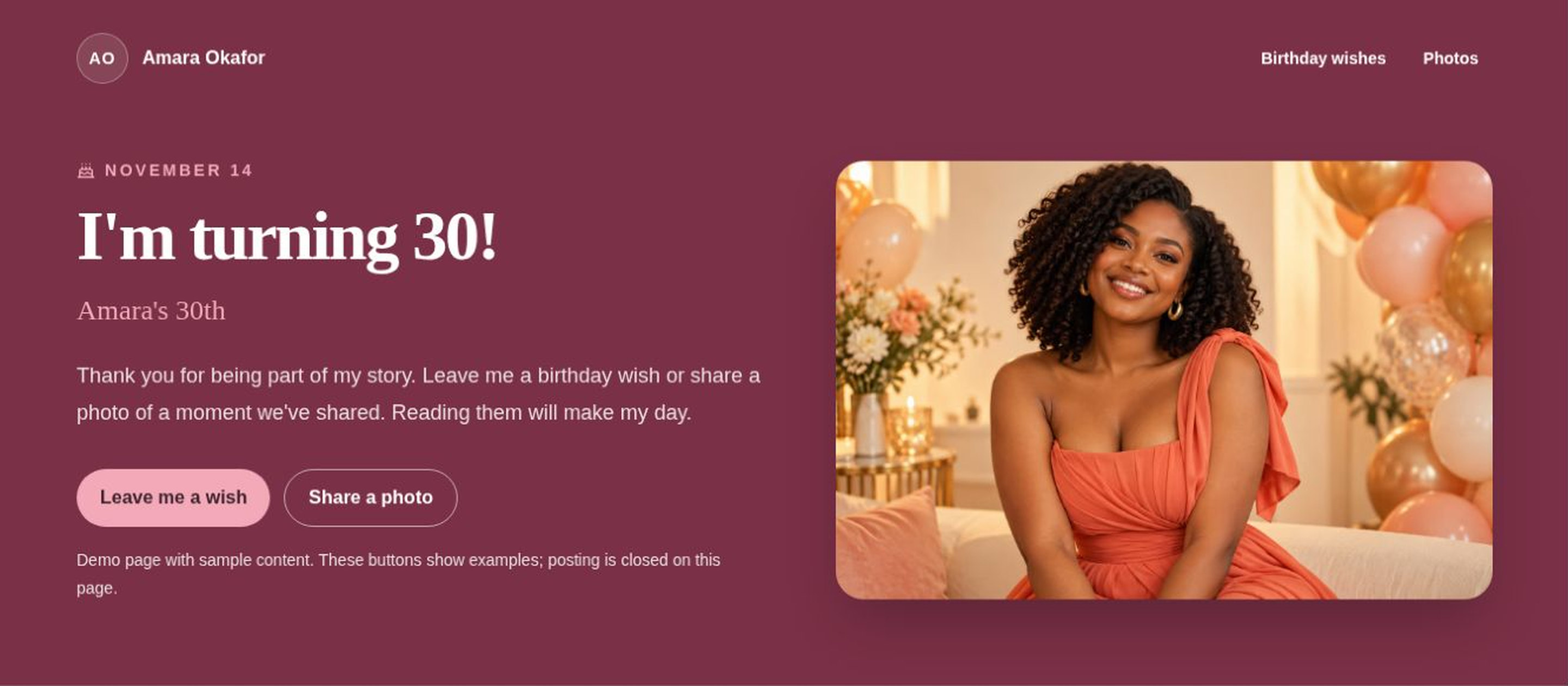 Amara's fictional 30th birthday page, with an illustrated portrait, her personal welcome message, and wish and photo buttons.
