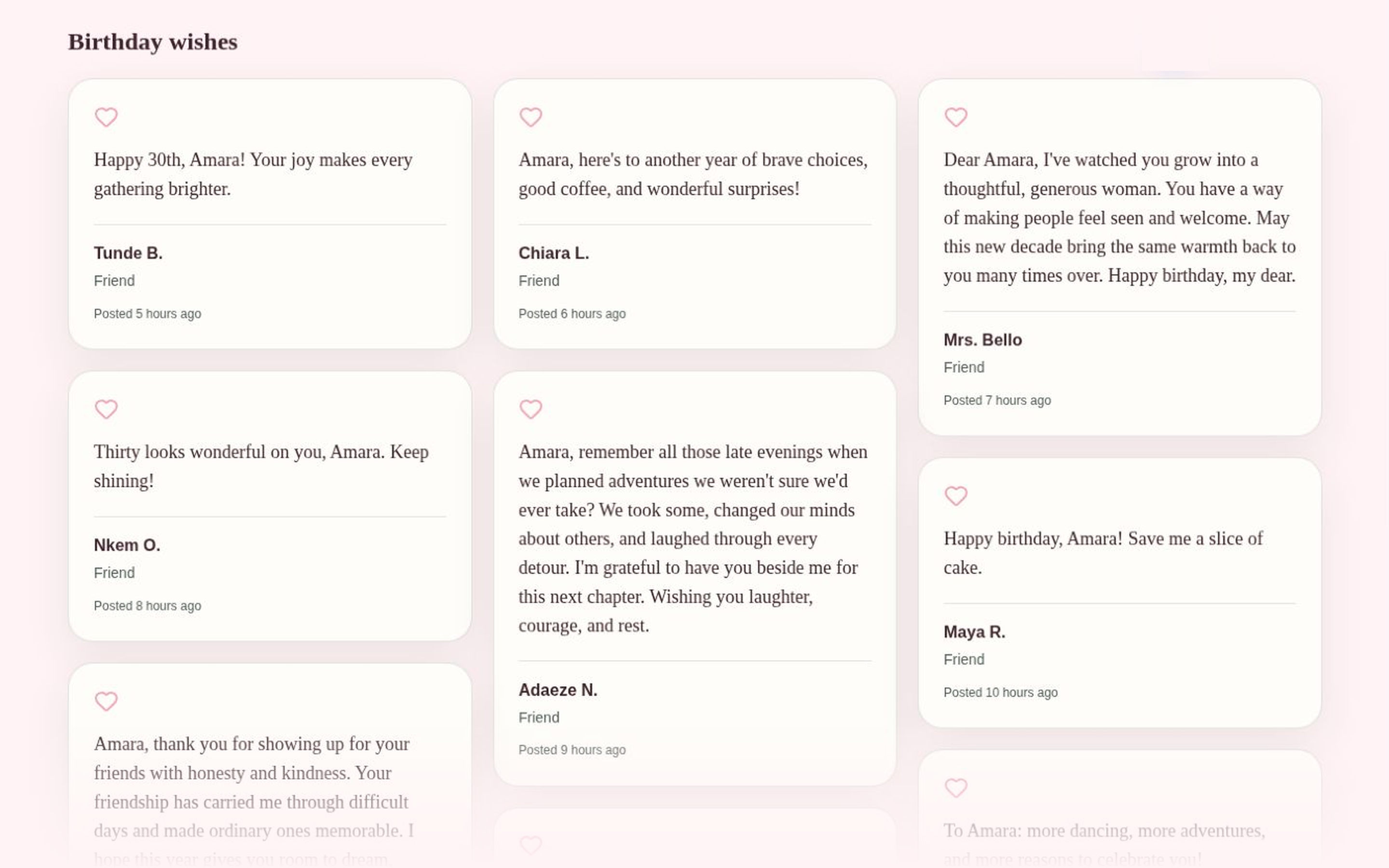 Amara's fictional birthday wishes displayed as cards with short and heartfelt messages from invented guests.