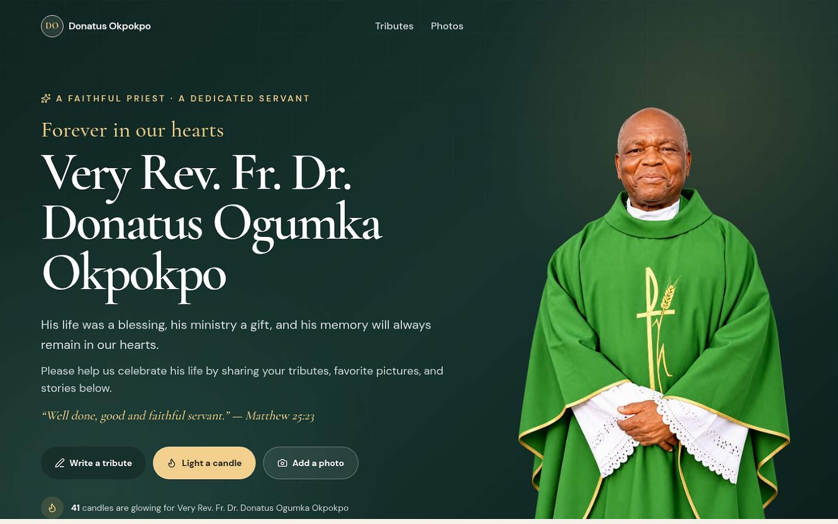 Father Donatus Okpokpo's memorial hero with his portrait, welcome message and tribute, candle and photo actions.