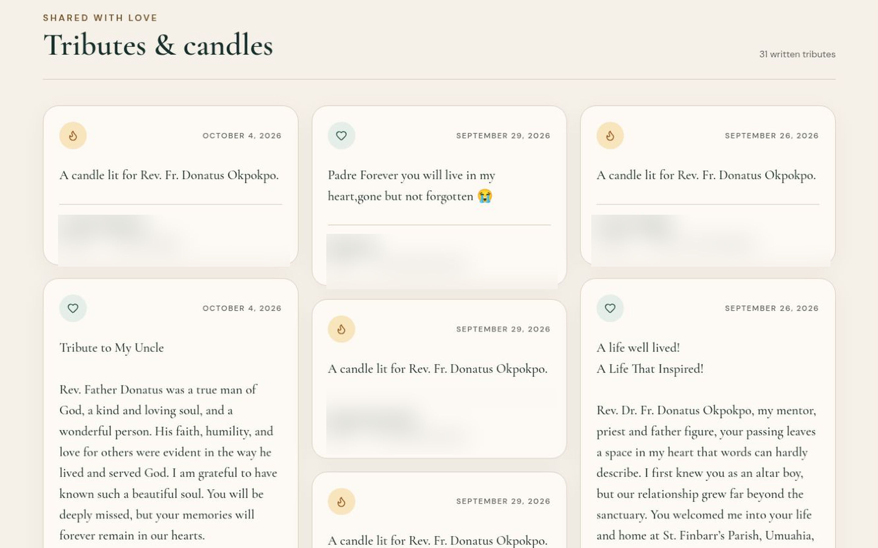 Cards from Father Donatus Okpokpo's memorial showing real tributes and candles shared by loved ones, with contributor details blurred.